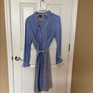 Faconnable Light Blue Long-Sleeve Shirt Dress with Striped Inner Panel and Belt
